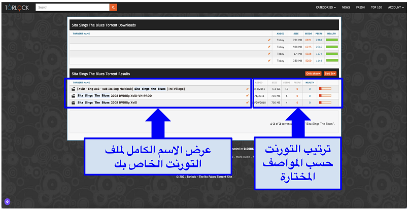 Screenshot of Torlock's interce showing torrenting files and their ranking.