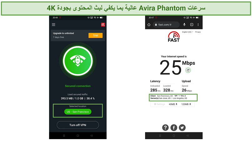 screenshot showing speed test results with Avira Phantom VPN connected
