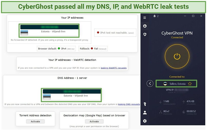 A screenshot of CyberGhost's server in Estonia passing the IP, DNS, and WebRTC leak test