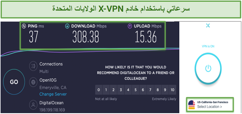 Screenshot showing X-VPN speeds using a US server