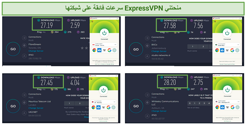 A screenshot showing ExpressVPN's has great speeds while connected to various servers worldwide.