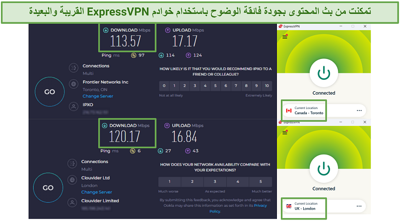 Speed test results from ExpressVPN's Toronto and London servers