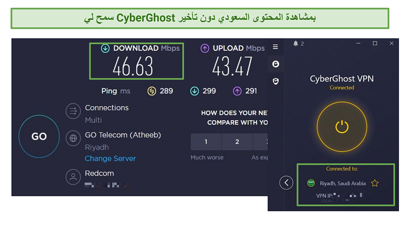 A screenshot of CyberGhost's speed test results
