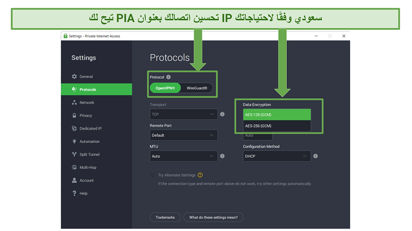Screenshot of PIA's customizable security settings.