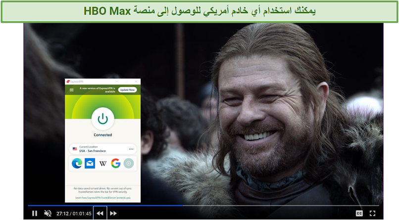 Screenshot of HBO Max player streaming Game of Thrones unblocked by ExpressVPN 