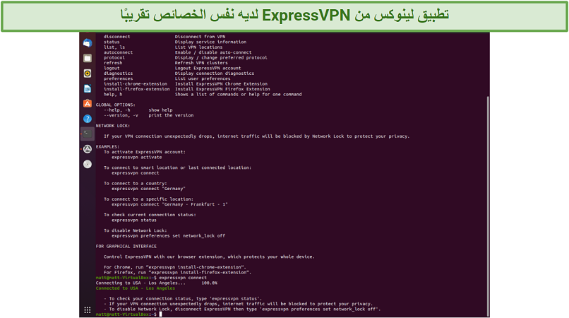 Screenshot of ExpressVPN Linux app connected to the Los Angeles location