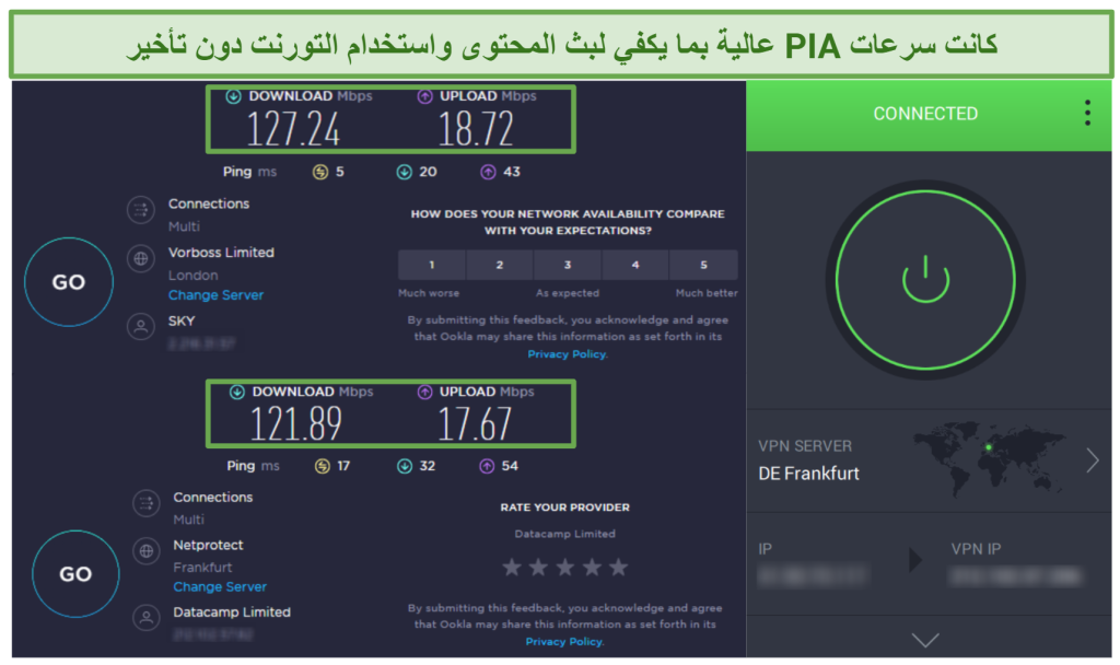 PIA speed test connected to a server in Germany