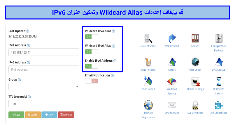 Screenshot of the dynamic DNS service settings