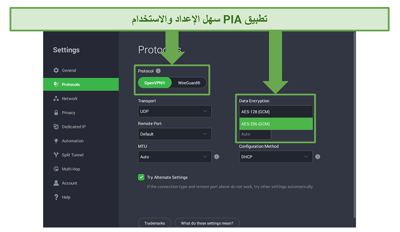 Screenshot of PIA's app showing the customizable settings
