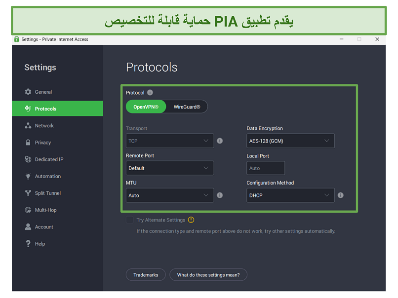 Screenshot of PIA's highly customizable security settings