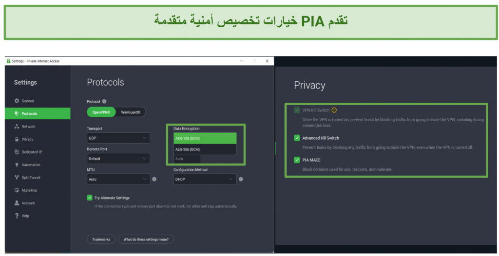 Pictures of Private Internet Access interface with security (protocols) and privacy settings