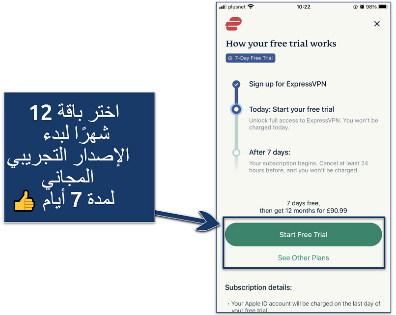 Screenshot explaining how ExpressVPN's free trial works