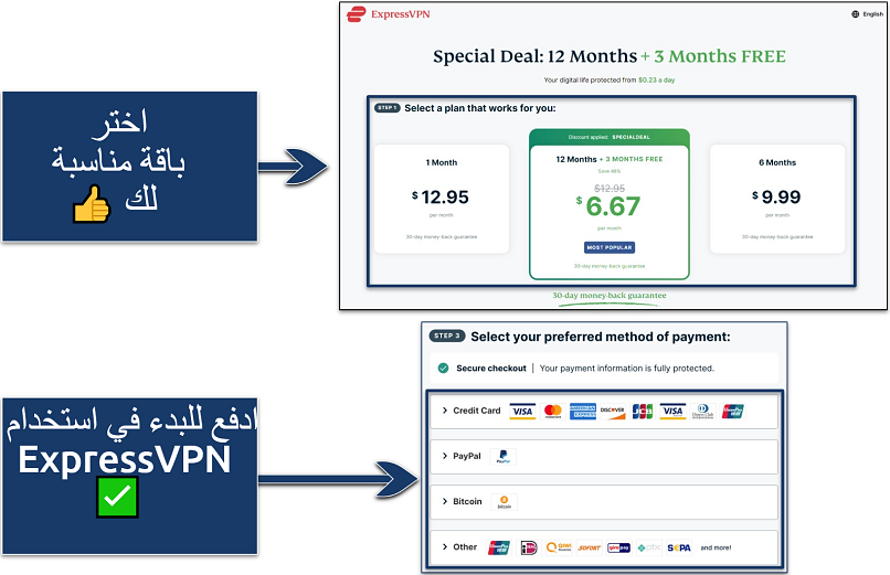 Screenshots showing how to purchase an ExpressVPN plan