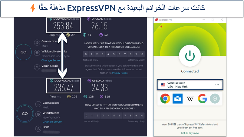 Screenshot of ExpressVPN speed test results on long-distance server in New York, US