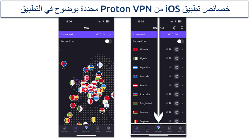 Screenshot of Proton VPN's iOS app showing server map and server list