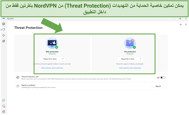 Screenshot of NordVPN's Windows app with a settings menu open and Threat Protection enabled.