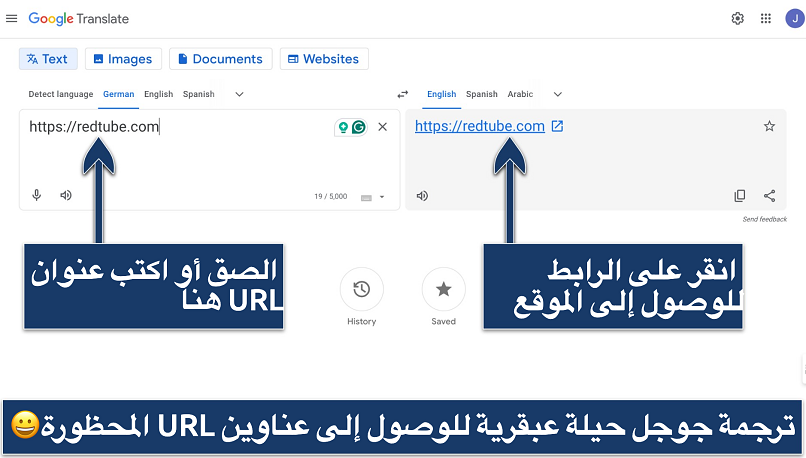Screenshot showing the Google Translate interface typing in RedTube