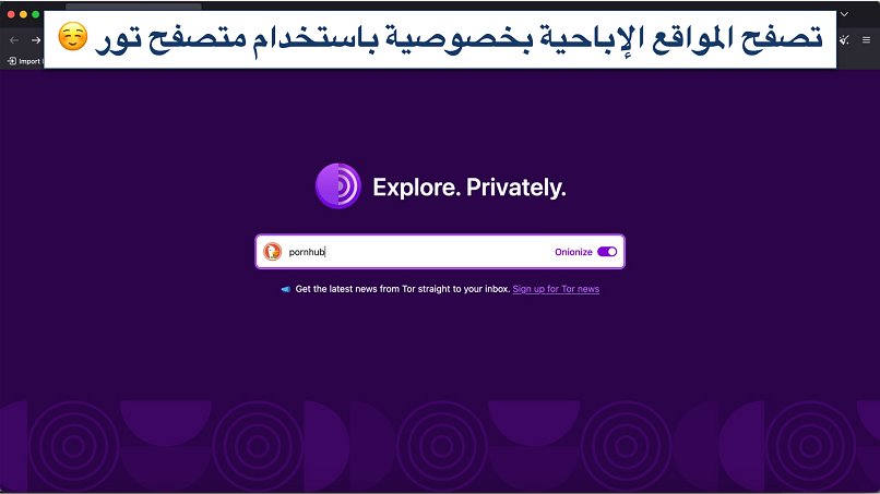 Screenshot showing the Tor Browser with “pornhub” typed in the search bar