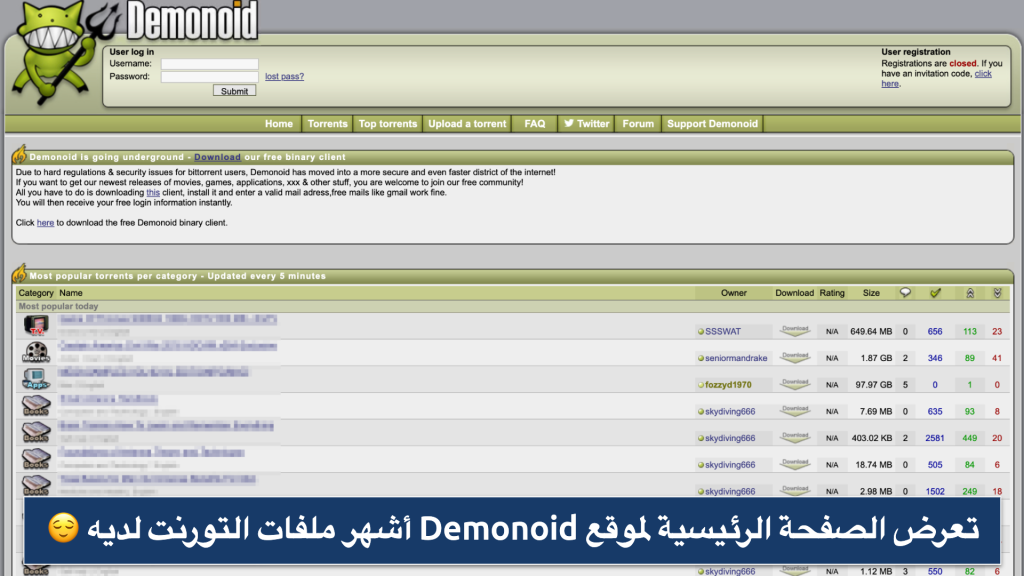 Screenshot of the Demonoid homepage