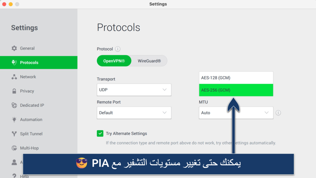 صورة توضح كيفية تغيير مستويات التشفير في تطبيق PIA