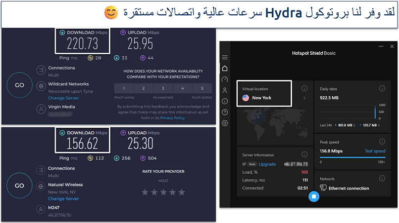 Screenshot of Hotspot Shield's speed test results