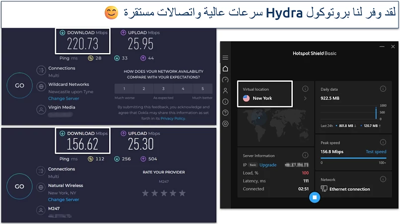 Screenshot of Hotspot Shield's speed test results