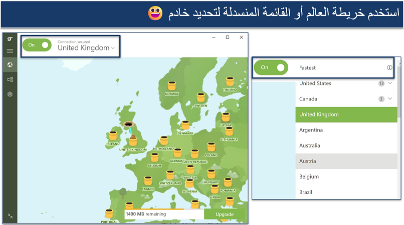 Screenshot of TunnelBear's free Windows VPN app showing server map and drop-down list